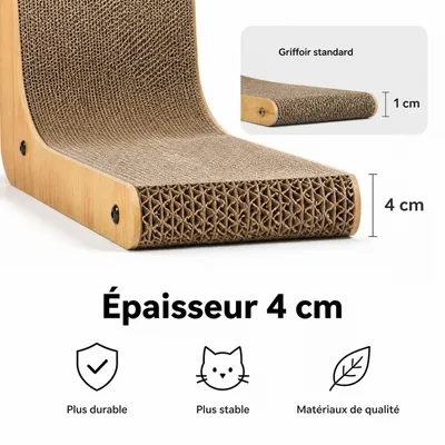 Zatte Griffoir pour Chat Forme L 68cm Carton Ondulé Bordure Bois Zatte Griffoir pour Chat Forme L 68cm Carton Ondulé Bordure Bois