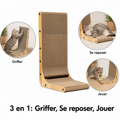 Zatte Griffoir pour Chat Forme L 68cm Carton Ondulé Bordure Bois