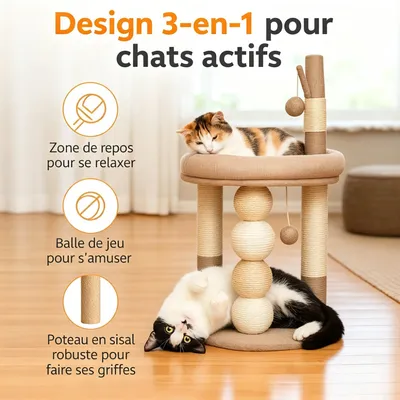 Zatte Arbre à Chat Beige 3-en-1, Griffoir Stable avec Niche & Plateformes Zatte Arbre à Chat Beige 3-en-1, Griffoir Stable avec Niche & Plateformes