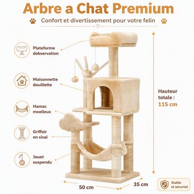 Zatte Arbre à chat 115 cm, 2 plateformes, niche, hamac - Facile à monter