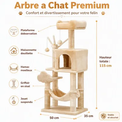 Zatte Arbre à chat 115 cm, 2 plateformes, niche, hamac - Facile à monter