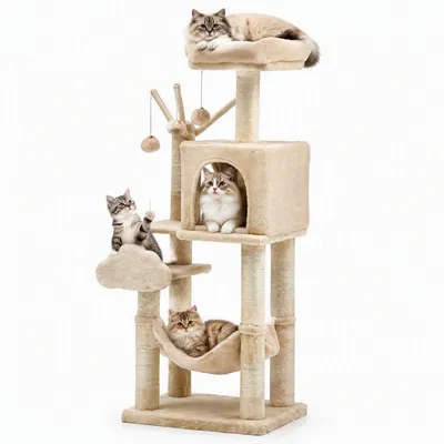 Zatte Arbre à chat 115 cm, 2 plateformes, niche, hamac - Facile à monter