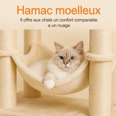 Zatte Arbre à chat 115 cm, 2 plateformes, niche, hamac - Facile à monter