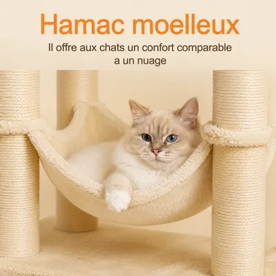 Zatte Arbre à chat 115 cm, 2 plateformes, niche, hamac - Facile à monter