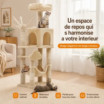 Zatte Arbre à chat 115 cm, 2 plateformes, niche, hamac - Facile à monter