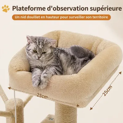 Zatte Arbre à chat 115 cm, 2 plateformes, niche, hamac - Facile à monter