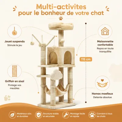 Zatte Arbre à chat 115 cm, 2 plateformes, niche, hamac - Facile à monter