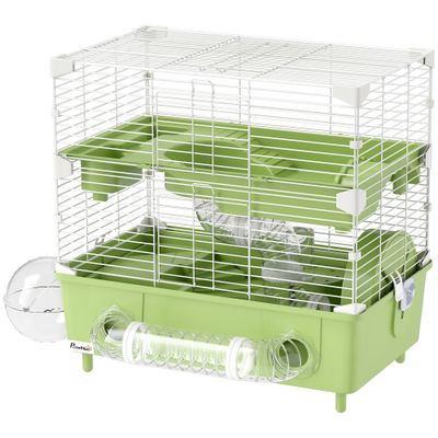 PawHut - Cage hamster 2 niveaux, roue, bac sable