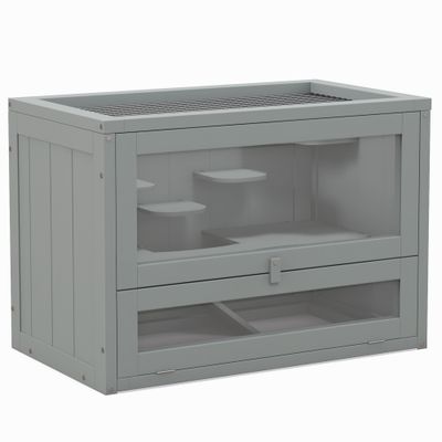 PawHut - Cage rongeurs avec rampe plateformes toit ouvrant bois - gris