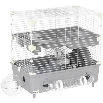 PawHut - Cage hamster 2 niveaux, roue, bac sable