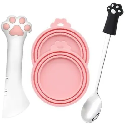 Zatte Lot de 3 Cuillères Chat avec Couvercles Hermétiques et Ouvre-boîte