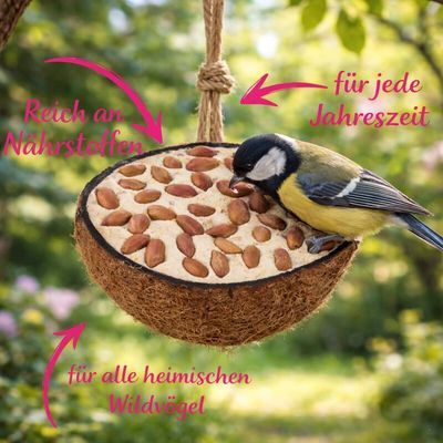 Gefüllte halbe Kokosnüsse für Wildvögel Marke Vogelfood