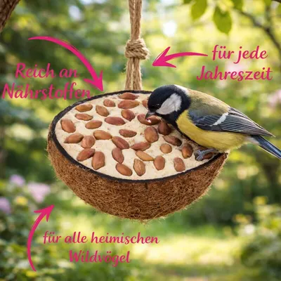 Gefüllte halbe Kokosnüsse für Wildvögel Marke Vogelfood