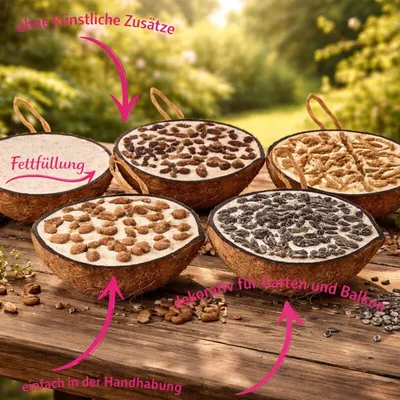 Gefüllte halbe Kokosnüsse für Wildvögel Marke Vogelfood