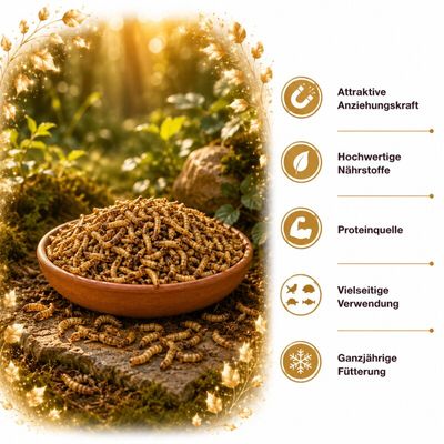 Getrocknete Soldatenfliegenlarven im Eimer Futtermittel
