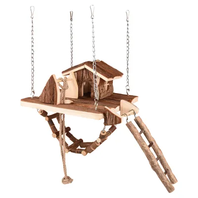 Flamingo Nagerspielzeug Hängebrücke + Haus aus Holz Milly Flamingo Nagerspielzeug Hängebrücke + Haus aus Holz Milly