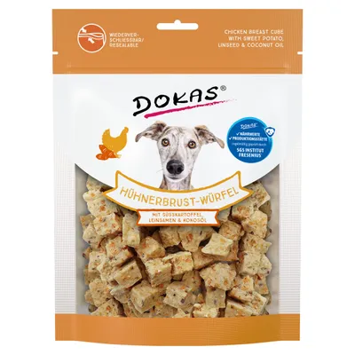 Dokas Hühnerbrust-Würfel mit Süßkartoffeln, Leinsamen, Kokos 150 g - 8 Dokas Hühnerbrust-Würfel mit Süßkartoffeln, Leinsamen, Kokos 150 g - 8
