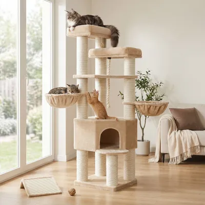FEANDREA Arbre à chat géant à plusieurs niveaux avec poteaux en sisal