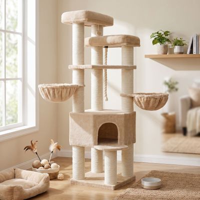 FEANDREA Arbre à chat géant à plusieurs niveaux avec poteaux en sisal