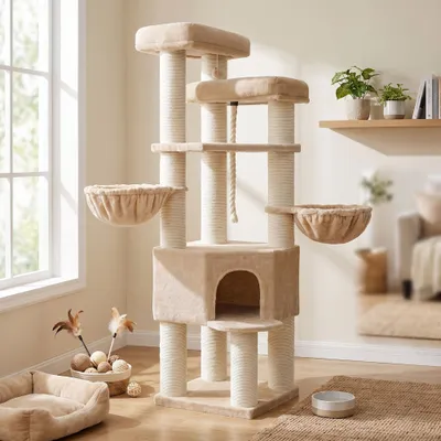 FEANDREA Arbre à chat géant à plusieurs niveaux avec poteaux en sisal