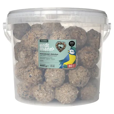 Erdtmanns 80 Meisenknödel ohne Netz im Eimer mit Futterherz 8,5 kg Erdtmanns 80 Meisenknödel ohne Netz im Eimer mit Futterherz 8,5 kg