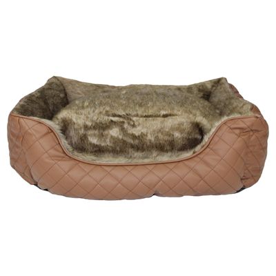 Pettimania Hundebett eckig Leder mit Fellbezug braun