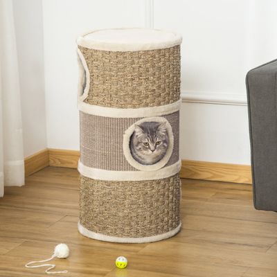 PawHut Barril Rascador para Gato 37.5x37.5x70 cm Caqui
