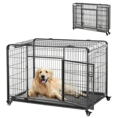 PawHut Jaula Metal Perro 125x76x81 cm Gris Oscuro