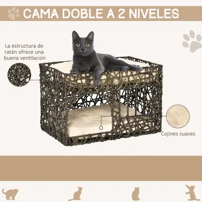 PawHut Cesta Ratán Gato 56x41x45 cm Café Oscuro