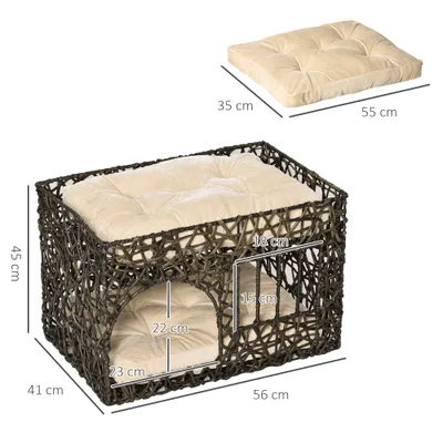 PawHut Cesta Ratán Gato 56x41x45 cm Café Oscuro