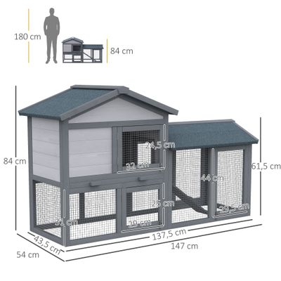 PawHut Conejera de Madera 147x54x84cm Gris