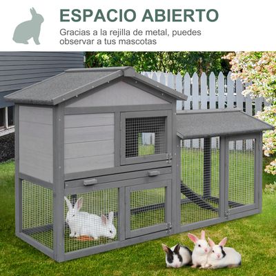 PawHut Conejera de Madera 147x54x84cm Gris