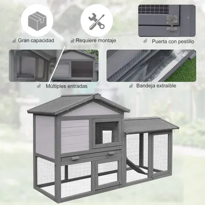 PawHut Conejera de Madera 147x54x84cm Gris