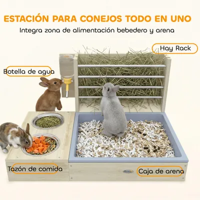 PawHut Comedero Heno Conejo 58x40x32 cm Madera Natural