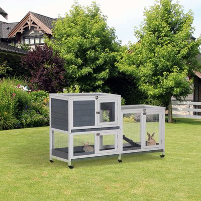 PawHut Conejera de Madera 147x45.5x88.5 cm Gris