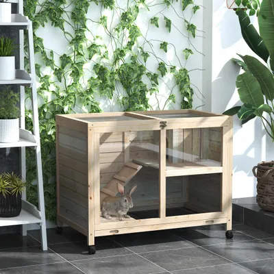 PawHut Conejera con Rueda 91.5x53.3x73 cm Madera Natural
