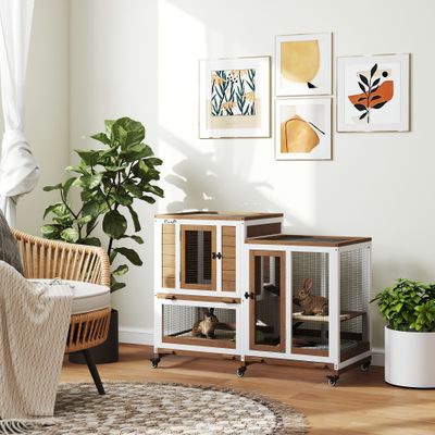 PawHut Conejera de Madera 110x50x86 cm Marrón y Blanco