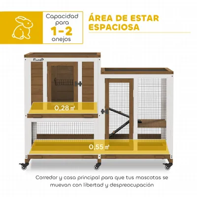 PawHut Conejera de Madera 110x50x86 cm Marrón y Blanco