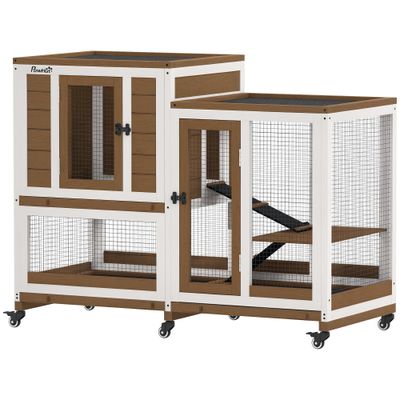 PawHut Conejera de Madera 110x50x86 cm Marrón y Blanco