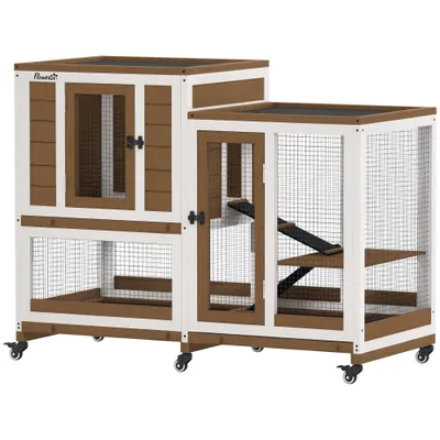 PawHut Conejera de Madera 110x50x86 cm Marrón y Blanco