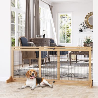 PawHut Barrera de Seguridad 180x36x69 cm Madera Natural