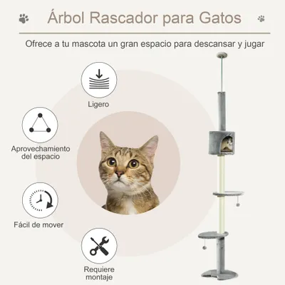 PawHut Árbol Rascador para Gato 40x40x255 cm Gris
