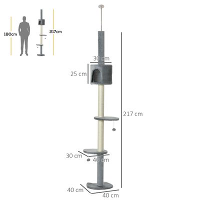 PawHut Árbol Rascador para Gato 40x40x255 cm Gris
