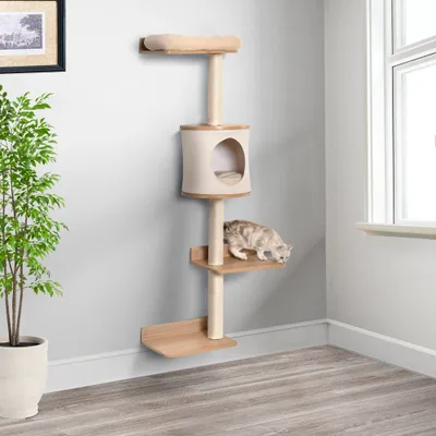 PawHut Árbol para Gatos Pared 38x30x149 cm Beige y Roble