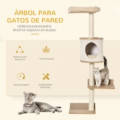 PawHut Árbol para Gatos Pared 38x30x149 cm Beige y Roble