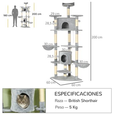 PawHut Árbol Rascador para Gato 60x60x200 cm Gris