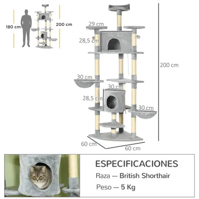 PawHut Árbol Rascador para Gato 60x60x200 cm Gris