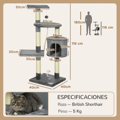 PawHut Árbol para Gato 40x40x116 cm Gris Oscuro