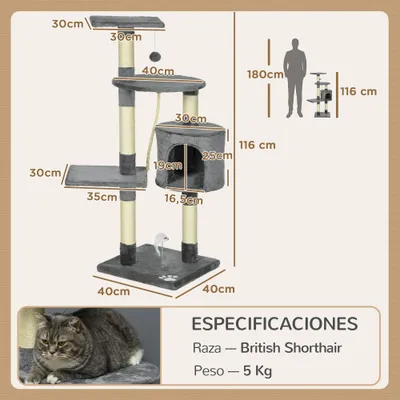 PawHut Árbol para Gato 40x40x116 cm Gris Oscuro