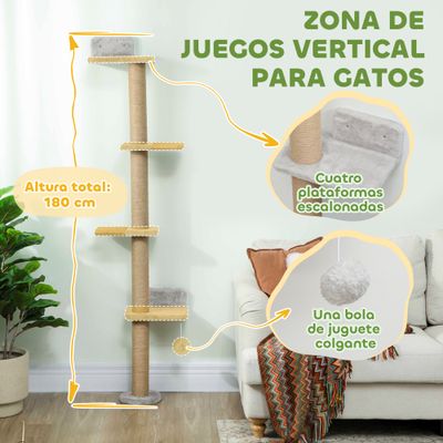 PawHut Árbol para Gato 48x21x180 cm Gris Claro
